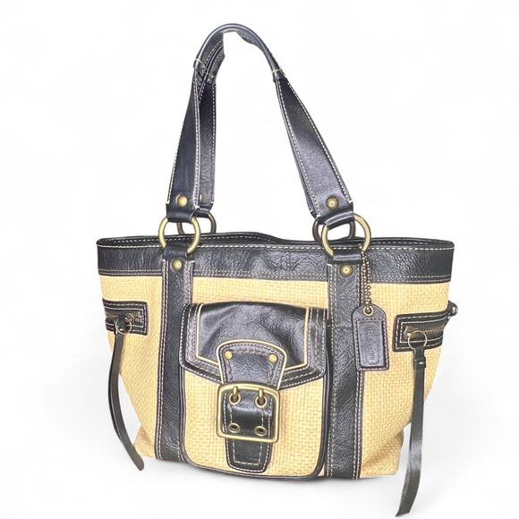 Vintage Coach Legacy Straw Tote Bag M05K-113 Black Leather Trim Y2K - Picture 7 of 9